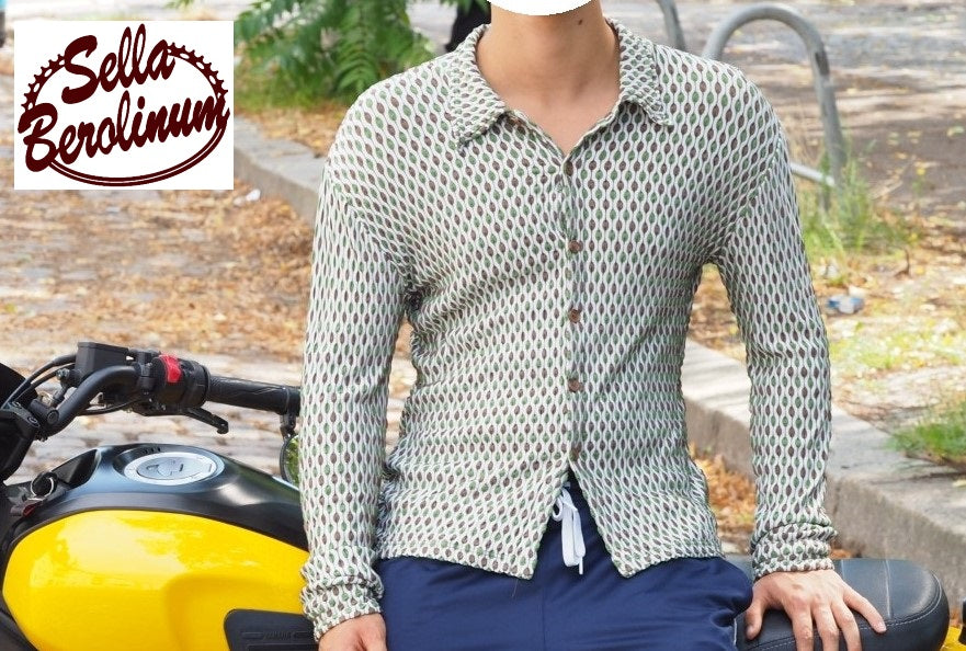 SABOTAGE Clubwear Langarmhemd XL – strukturierter Reliefstoff Weiß Oliv Braun