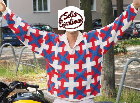 SABOTAGE Clubwear Strickpullover 90er – Seide/Baumwolle – Rot Blau Creme – Gr. M / fällt wie XL