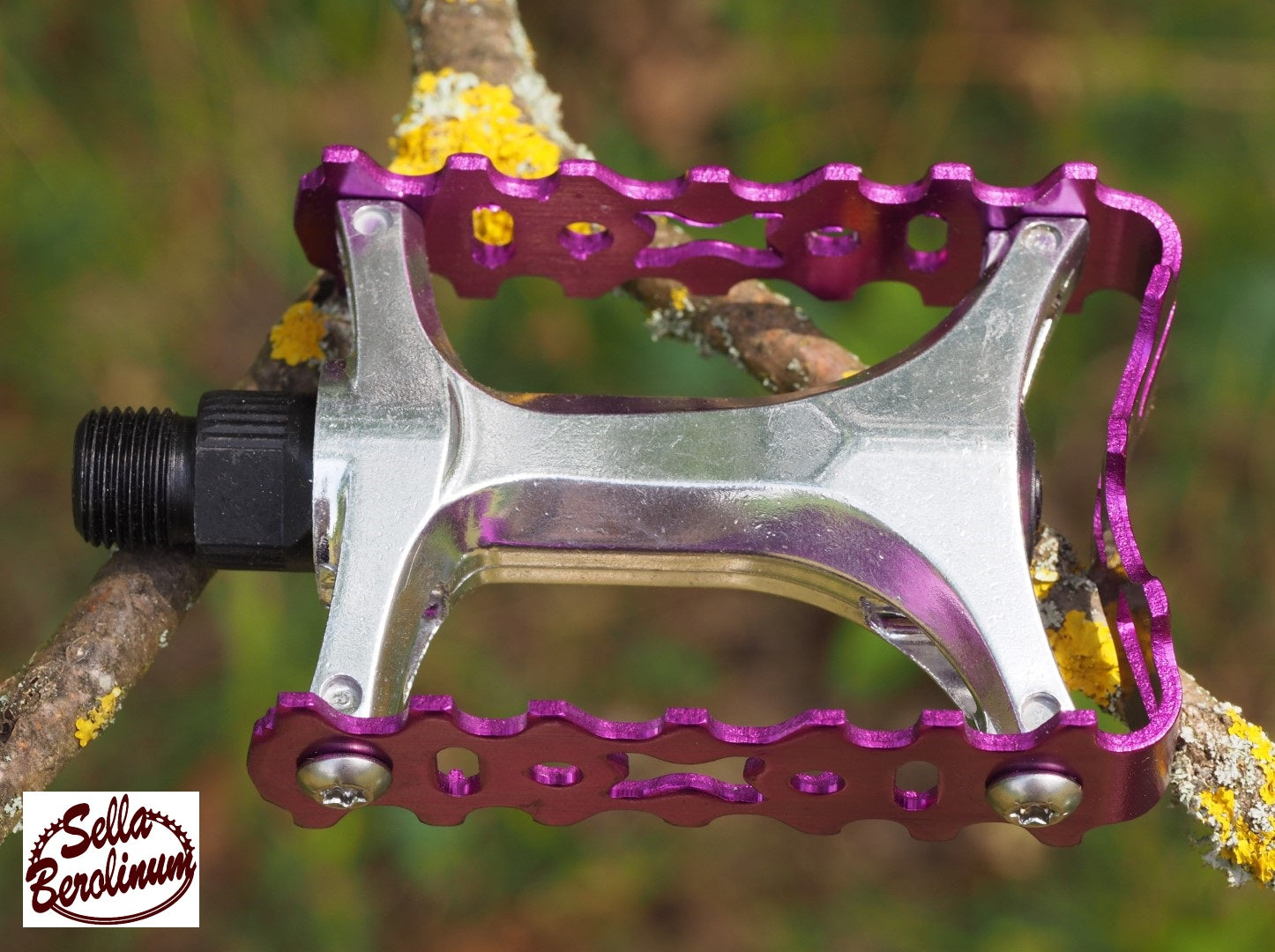 Sellax Bear Trap Plattformpedale in Lila und Silber mit gezahntem Aluminiumkäfig und 9/16-Zoll-Pedalgewinde.