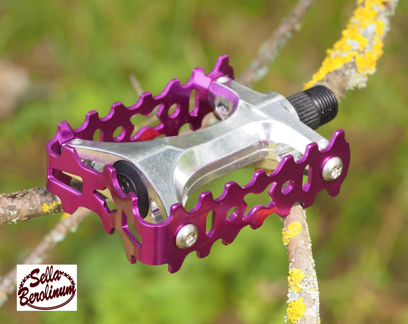 Sellax Bear Trap Plattformpedale in Lila und Silber mit gezahntem Aluminiumkäfig und 9/16-Zoll-Pedalgewinde.